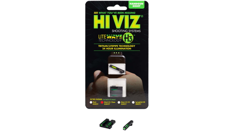 HiViz LiteWave H3 Tritium/Litepipe Pistol Night Sight Set for Glock Gen 1-5 in .45 ACP, .45 GAP, and 10mm
