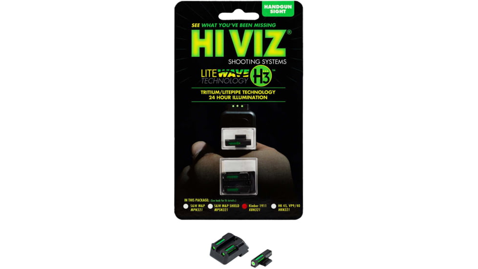 HiViz LiteWave H3 Tritium/Litepipe Pistol Night Sight Set - Fits All Kimber 1911 w/ Fixed Sights, Except Micro