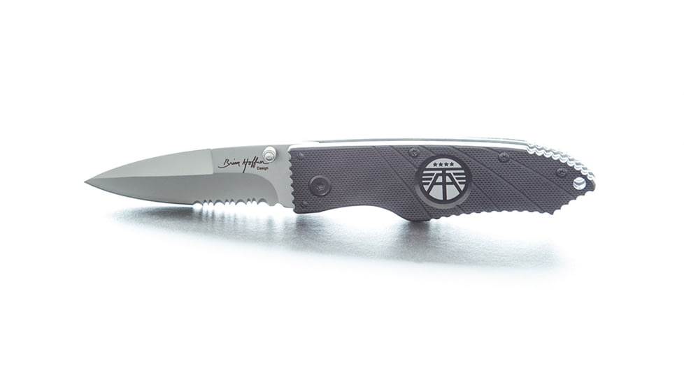 Hoffner Knives 2.8in Flatline Grip Combo Blade Folding Knife, 440c Spear Point Blade, Black/Silver, FK-S2CBS-FB