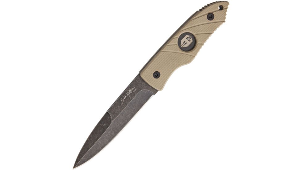 Hoffner Knives Hand Spear Standard Edge Khaki Fixed Blade Knife, 4.88in, 440C Steel, Spear Point, Black Stonewash, Khaki, G10 Handle ATA18