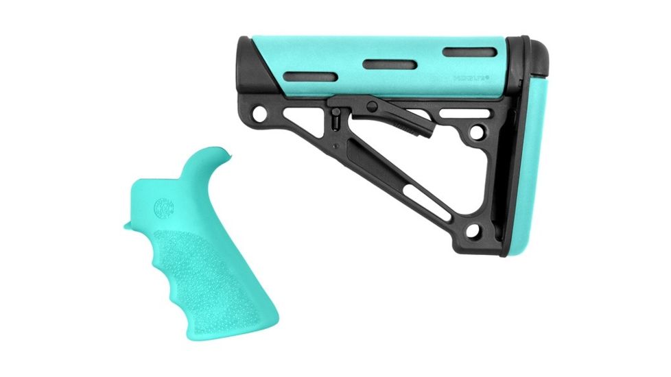 Hogue AR-15/M-16 Kit - Finger Groove Beavertail Grip and OverMolded Collapsible Buttstock - Fits Commercial Buffer Tube - Aqua Rubber, Aqua, 13455