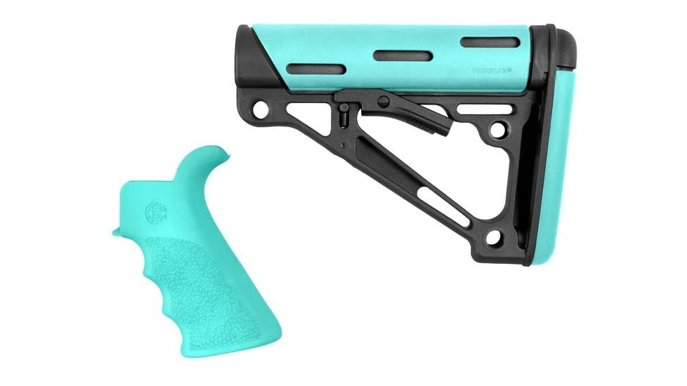 Hogue AR-15/M-16 Kit - Finger Groove Beavertail Grip and OverMolded Collapsible Buttstock - Fits Mil-Spec Buffer Tube - Aqua Rubber, Aqua, 13456