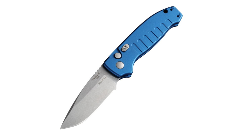 Hogue Ballista I Automatic Folding Knife, 3.5in, 154CM Stainless Steel, Drop Point Blade, Tumbled Finish, Matte Blue Aluminum Handle, 64133