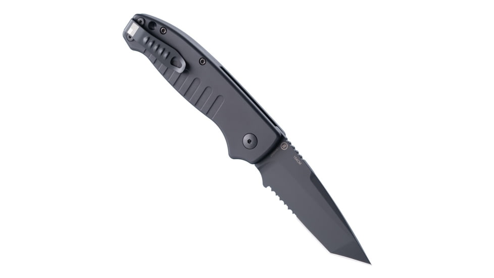 Hogue Ballista I Automatic Folding Knife, 3.5in, 154CM Stainless Steel, Tanto Blade, Partially Serrated, Black Cerakote Finish, Matte Black Aluminum Handle, 64120