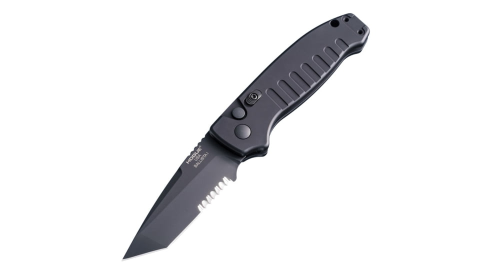Hogue Ballista I Automatic Folding Knife, 3.5in, 154CM Stainless Steel, Tanto Blade, Partially Serrated, Black Cerakote Finish, Matte Black Aluminum Handle, 64120