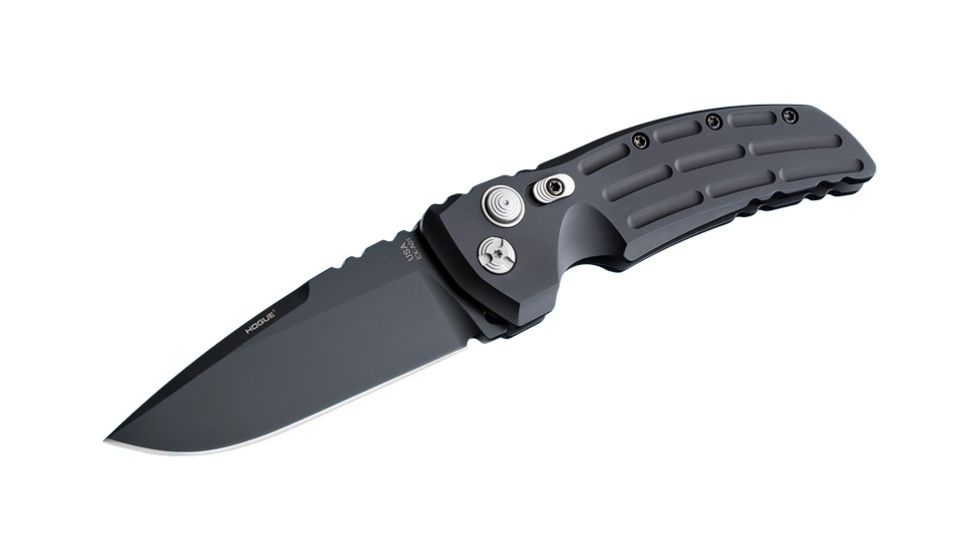 Hogue EX-A01 Automatic Tactical Folding Knife, 4in, 154CM Stainless Steel, Black Cerakote Drop Point Blade, Matte Black Aluminum Handle, 34110