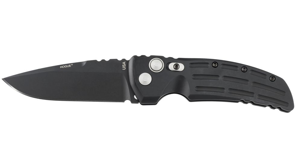 Hogue EX-A01 Automatic Tactical Folding Knife, 3.5in, 154CM Stainless Steel, Black Cerakote Drop Point Blade, Matte Black Aluminum Handle, 34130