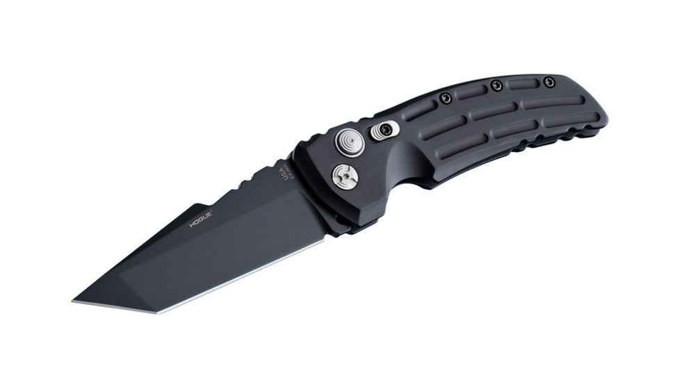 Hogue EX-A01 Automatic Tactical Folding Knife, 3.5in, 154CM Stainless Steel, Black Cerakote Tanto Blade, Matte Black Aluminum Handle, 34120