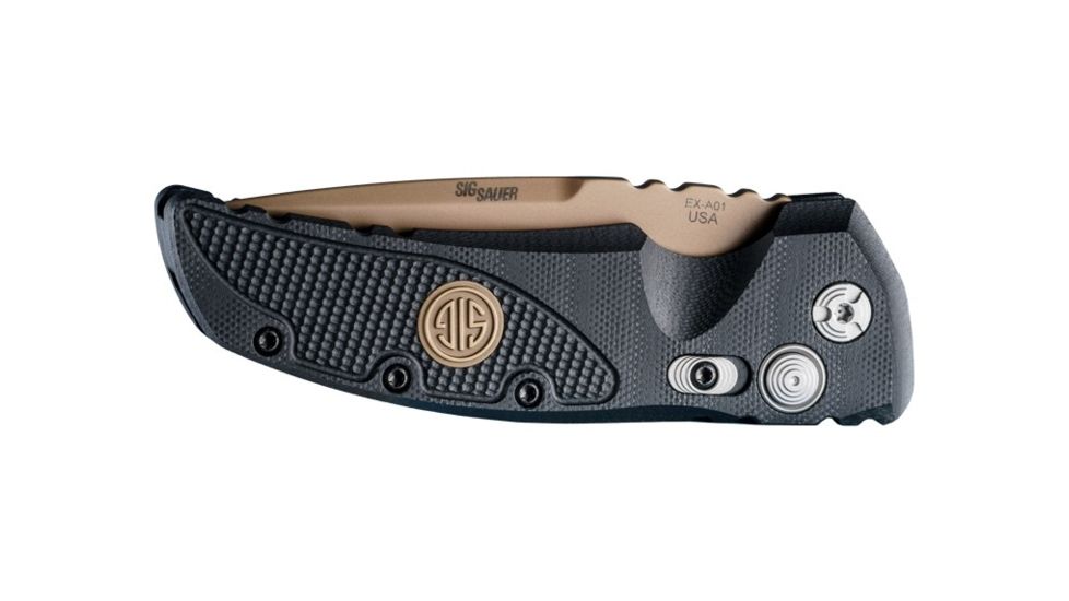 Hogue EX-A01 Sig Emperor Scorpion Automatic Folding Knife,  3.5in, 154CM Stainless Steel, Drop Point Blade, FDE PVD, G-10 Frame Solid Black FDE Sig Medallion, 36130