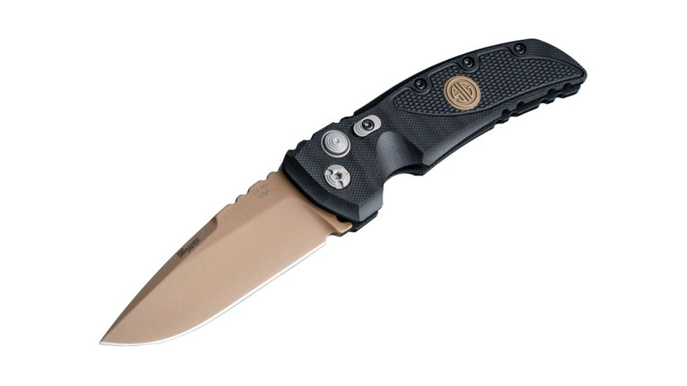Hogue EX-A01 Sig Emperor Scorpion Automatic Folding Knife,  3.5in, 154CM Stainless Steel, Drop Point Blade, FDE PVD, G-10 Frame Solid Black FDE Sig Medallion, 36130