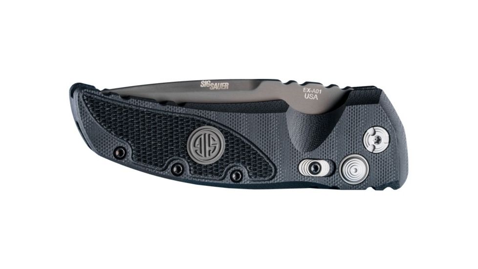 Hogue EX-A01 Sig Tactical Automatic Folding Knife, 3.5in, 154CM Stainless Steel, Drop Point Blade, Grey PVD, G-10 Frame Solid Black Black Sig Medallion Handle, 36132