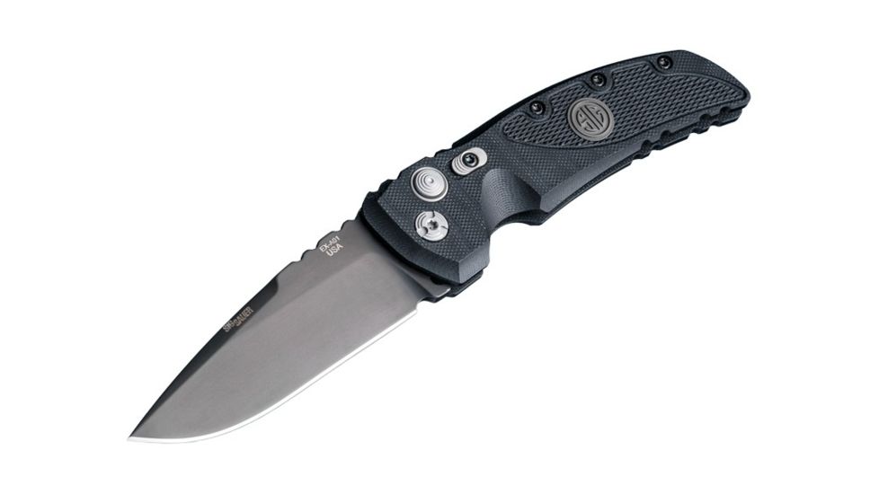 Hogue EX-A01 Sig Tactical Automatic Folding Knife, 3.5in, 154CM Stainless Steel, Drop Point Blade, Grey PVD, G-10 Frame Solid Black Black Sig Medallion Handle, 36132