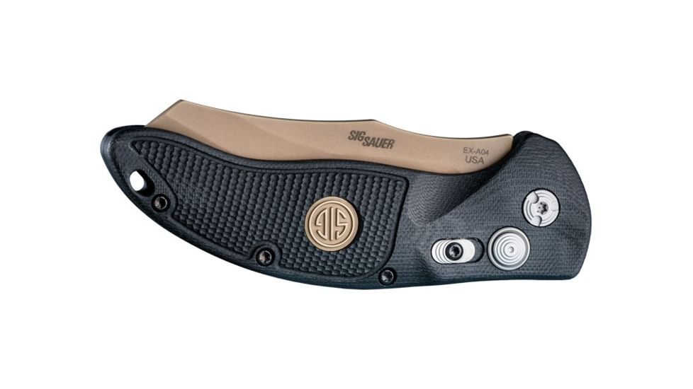 Hogue EX-A04 3.5in Sig Emperor Scorpion Automatic Folder Wharncliffe Blade, FDE PVD, G-10 Frame - Solid Black - FDE Sig Medallion 36420