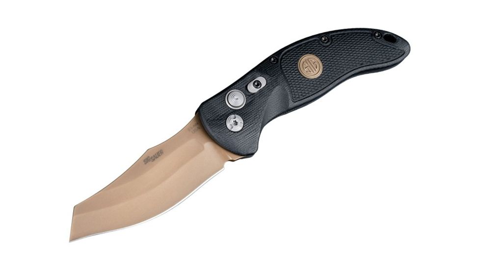 Hogue EX-A04 3.5in Sig Emperor Scorpion Automatic Folder Wharncliffe Blade, FDE PVD, G-10 Frame - Solid Black - FDE Sig Medallion 36420