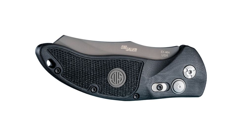 Hogue EX-A04 Sig Tactical Automatic Folding Knife, 3.5in, Wharncliffe Blade, Grey PVD, G-10 Frame Solid Black/Black Sig Medallion, 36422