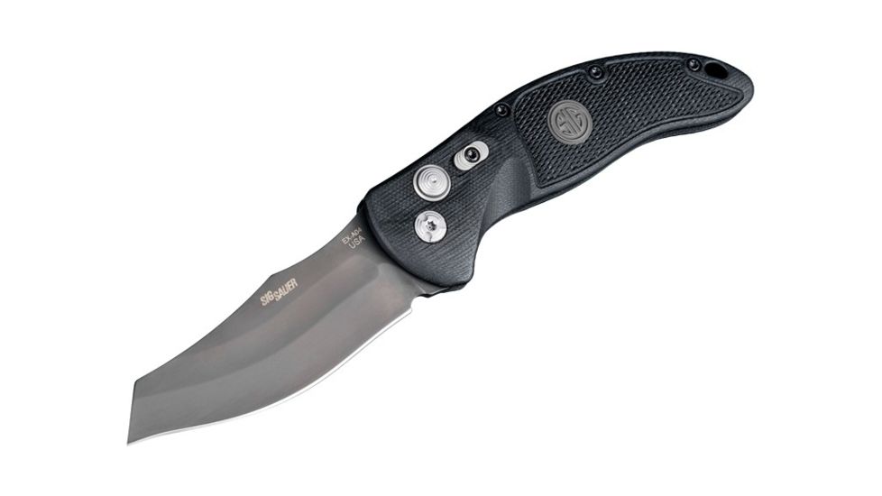 Hogue EX-A04 Sig Tactical Automatic Folding Knife, 3.5in, Wharncliffe Blade, Grey PVD, G-10 Frame Solid Black/Black Sig Medallion, 36422