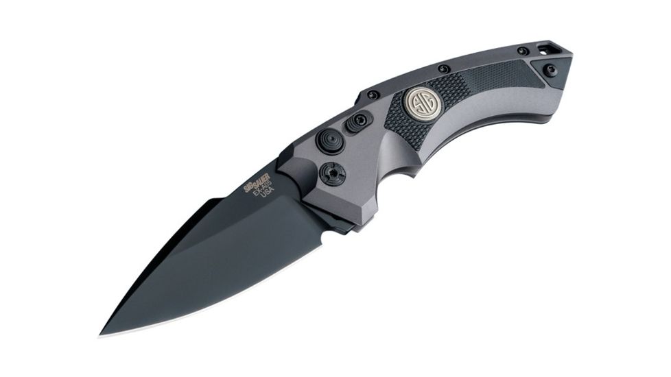 Hogue EX-A05 Sig Tactical Automatic Folding Knife, 3.5in, Spear Point Blade, Black Finish, Grey Aluminum/Black G10 Frame, 36532