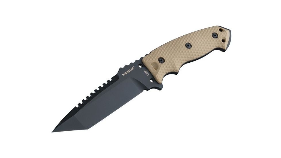 Hogue EX-F01 5.5in Fixed Tanto A-2 Steel Blade w/Black Automatic Retention Sheath, Black Finish, G10 Flat Dark Earth Scales 35127
