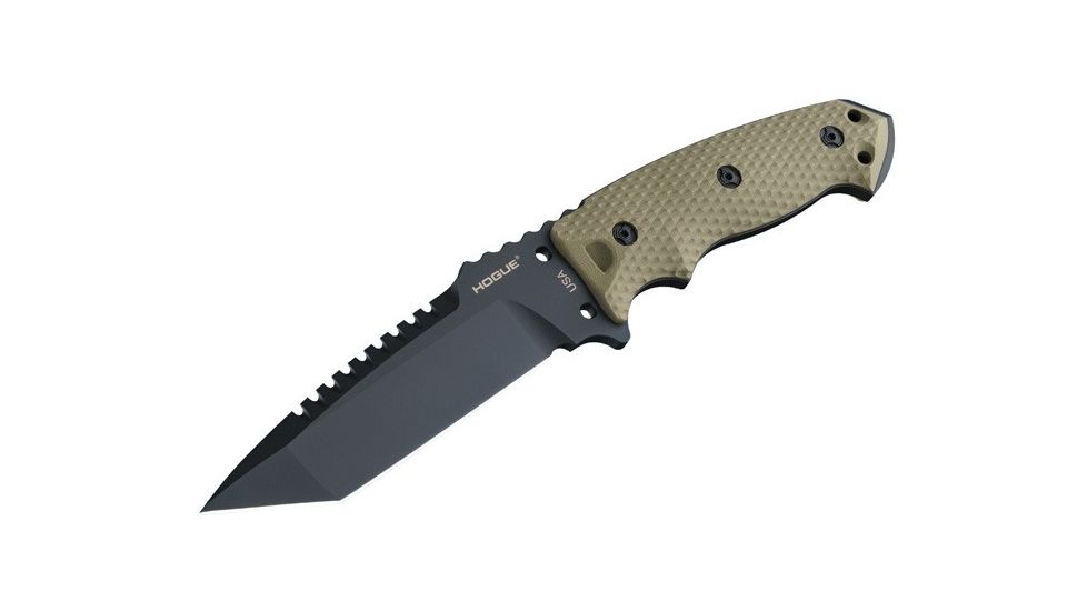 Hogue EX-F01 5.5in Fixed Tanto A-2 Steel Blade w/Black Automatic Retention Sheath, Black Finish, G10 Olive Drab Green Scales 35128