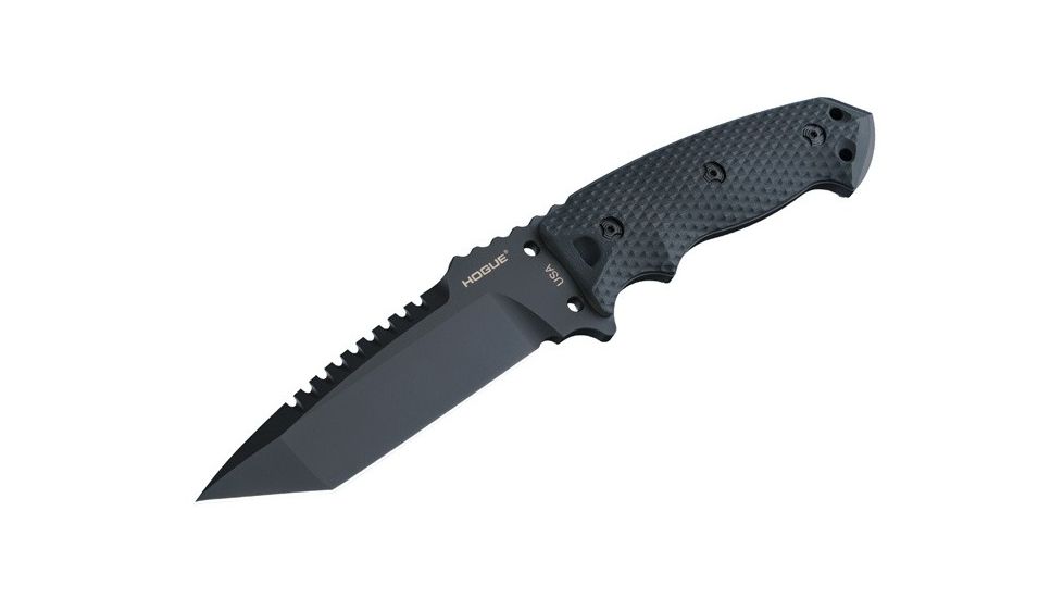 Hogue EX-F01 5.5in Fixed Tanto A-2 Steel Blade w/Black Automatic Retention Sheath, Black Finish, G10 Solid Black Scales 35129