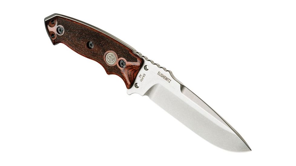 Hogue EX-F01 5.5in Sig Fixed Drop Point Blade, A-2 Bead Blast, Clear Finish, Black Sheath, Reinforced Rosewood Scales Sig Medallion 37175