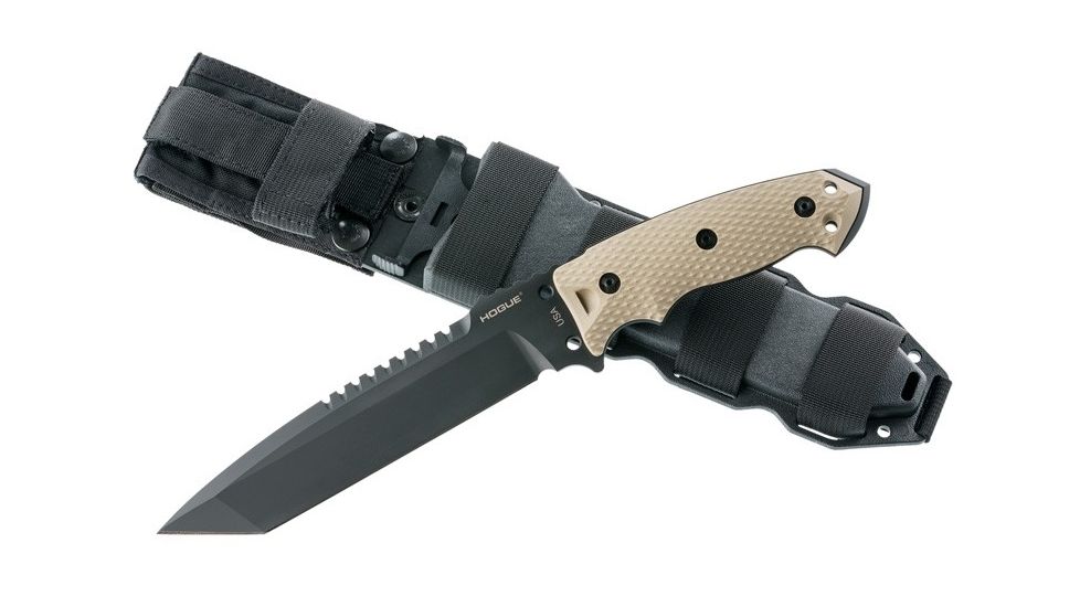 Hogue EX-F01 7in Fixed Tanto A-2 Steel Blade w/Black Automatic Retention Sheath, Black Finish, G10 Flat Dark Earth Scales, 35107