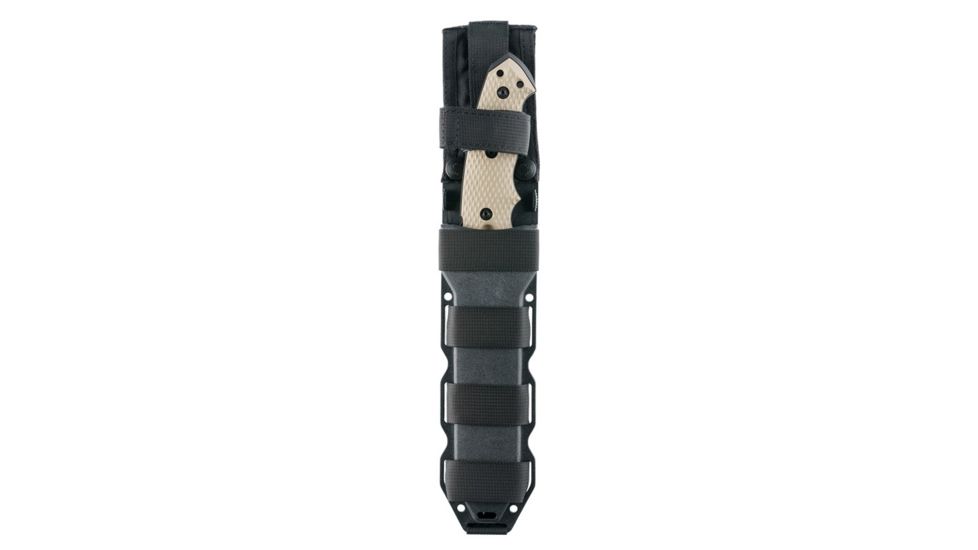 Hogue EX-F01 7in Fixed Tanto A-2 Steel Blade w/Black Automatic Retention Sheath, Black Finish, G10 Flat Dark Earth Scales, 35107