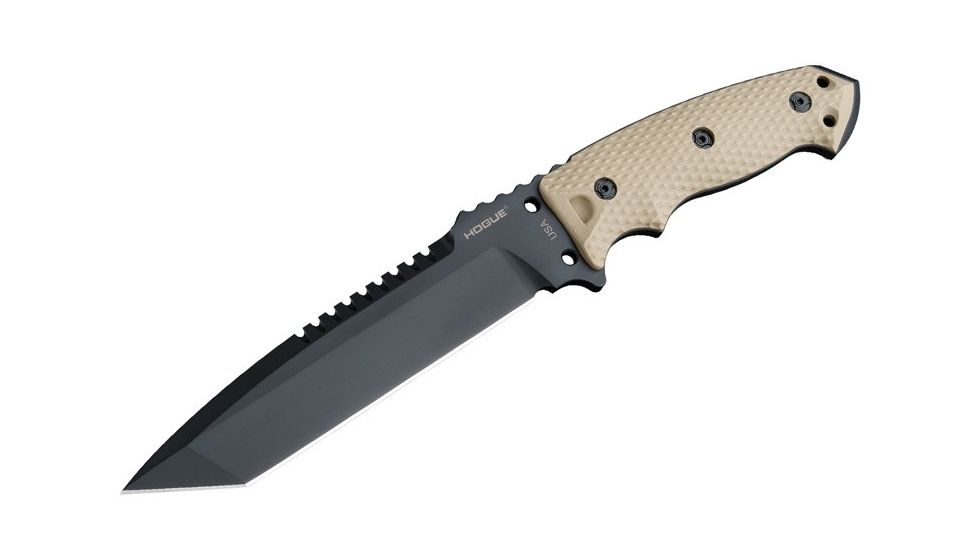 Hogue EX-F01 7in Fixed Tanto A-2 Steel Blade w/Black Automatic Retention Sheath, Black Finish, G10 Flat Dark Earth Scales, 35107