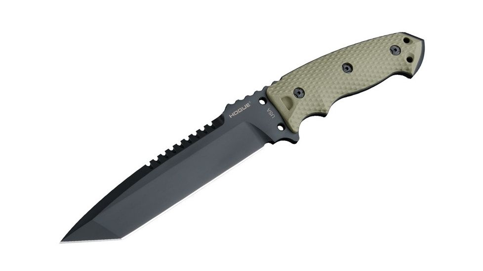 Hogue EX-F01 7in Fixed Tanto A-2 Steel Blade w/Black Automatic Retention Sheath, Black Finish, G10 Olive Drab Green Scales, 35108