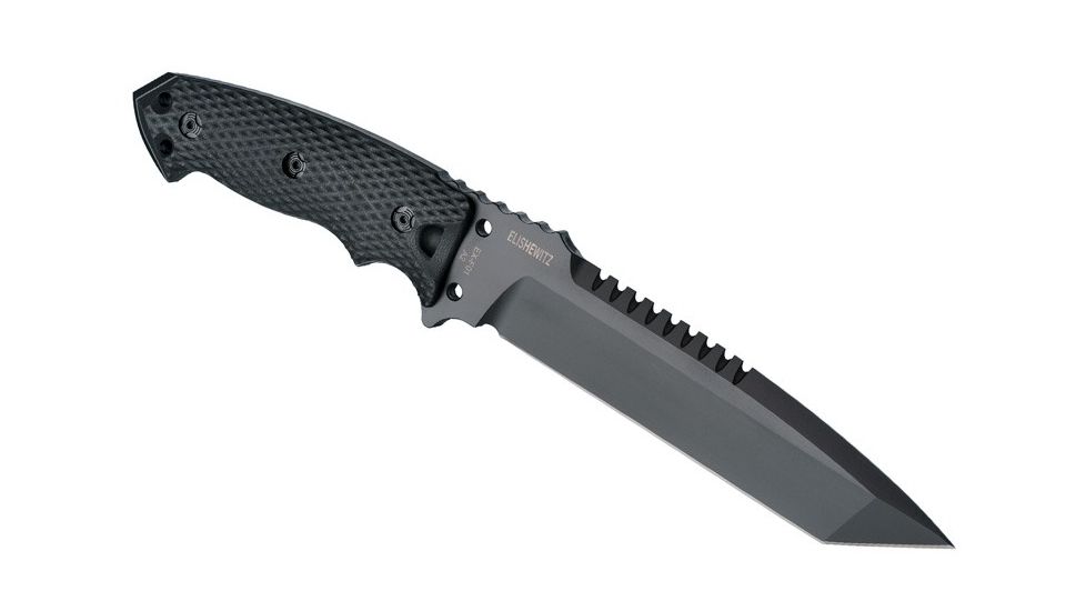 Hogue EX-F01 7in Fixed Tanto A-2 Steel Blade w/Black Automatic Retention Sheath, Black Finish, G10 Solid Black Scales, 35109