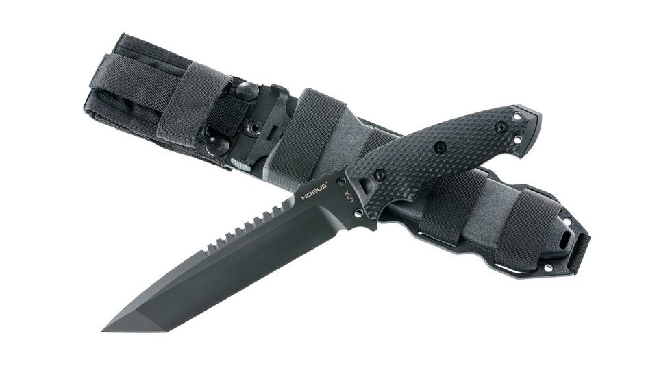Hogue EX-F01 7in Fixed Tanto A-2 Steel Blade w/Black Automatic Retention Sheath, Black Finish, G10 Solid Black Scales, 35109