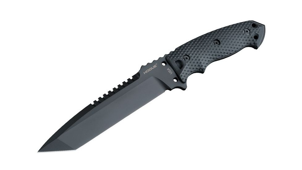 Hogue EX-F01 7in Fixed Tanto A-2 Steel Blade w/Black Automatic Retention Sheath, Black Finish, G10 Solid Black Scales, 35109