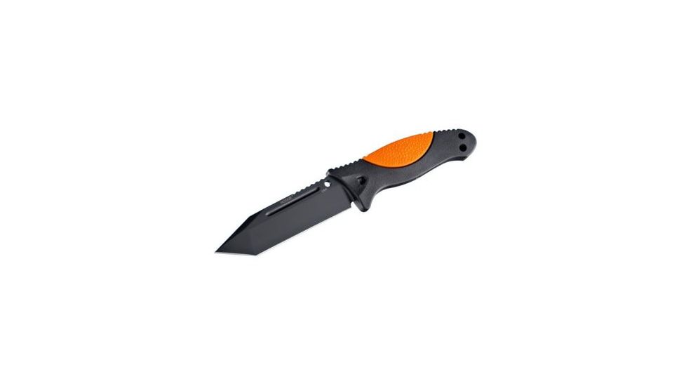 Hogue EX-F02 4.5in. Fixed Tanto Blade Black Kote Auto Retention Sheath Black, Rubber OverMold Handle Hunter Orange 35244