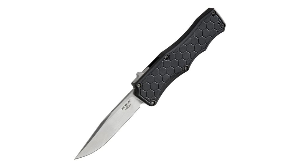Hogue Exploit Automatic Folding Knife, 3.5in, CPM S30V Stainless Steel, Clip Point Blade, Stone Tumbled, Matte Black Aluminum Handle, 34050