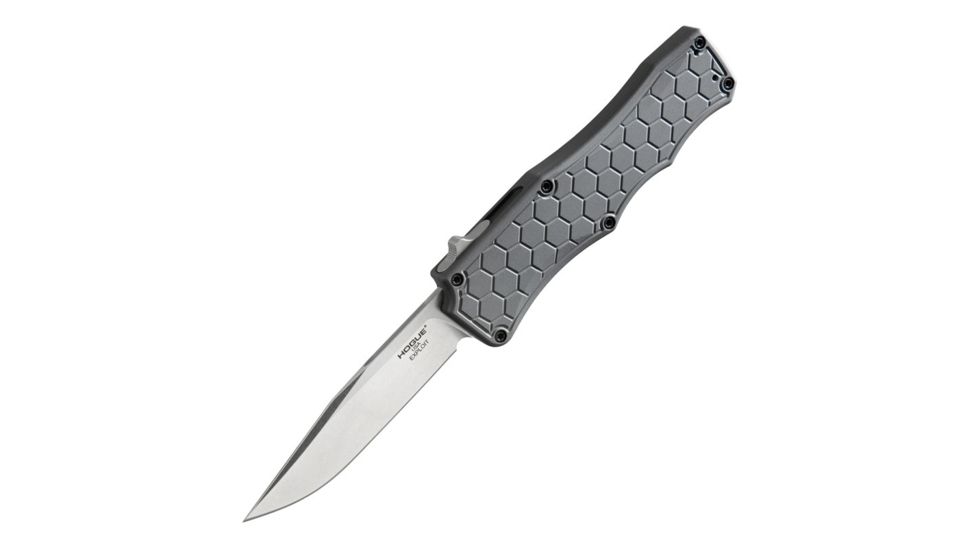 Hogue Exploit Automatic Folding Knife, 3.5in, CPM S30V Stainless Steel, Clip Point Blade, Stone Tumbled, Matte Grey Aluminum Handle, 34052