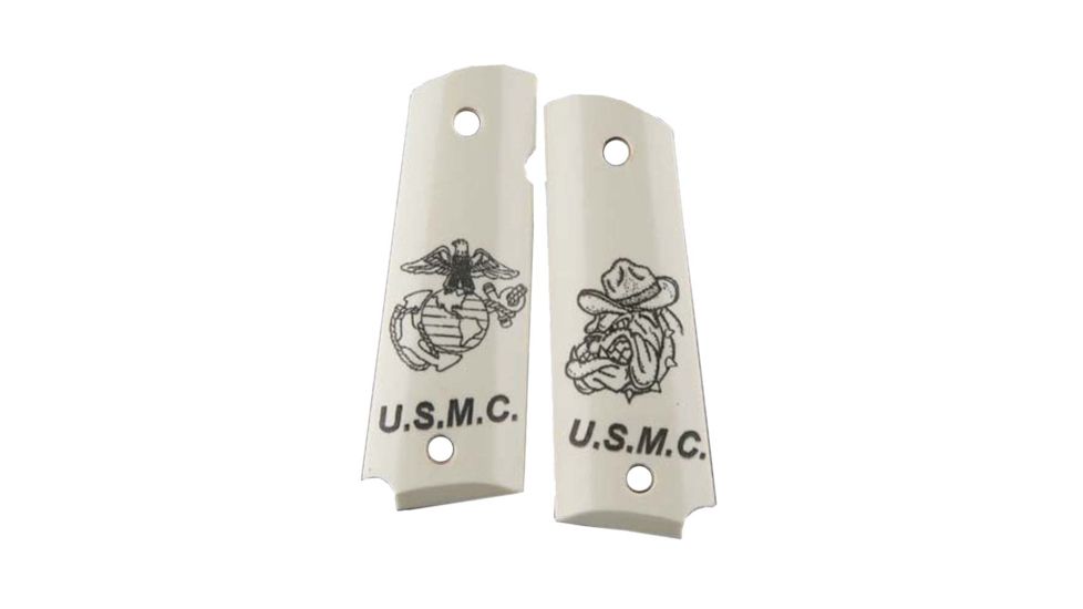 Hogue Govt. Model Scrimshaw Ivory Polymer Ambi Safety Cut - USMC Emblem and Bulldog 45030