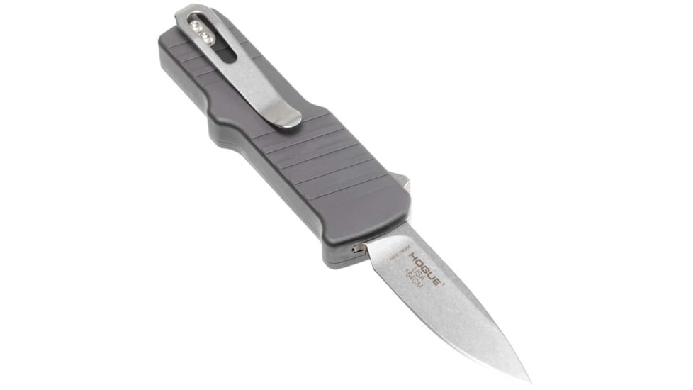 Hogue HK Micro Incursion Automatic Folding Knife, 1.95in, 154CM Stainless Steel, Out the Front Automatic Clip Point Blade, Tumbled Finish, Matte Grey, 54032-EXLKRL