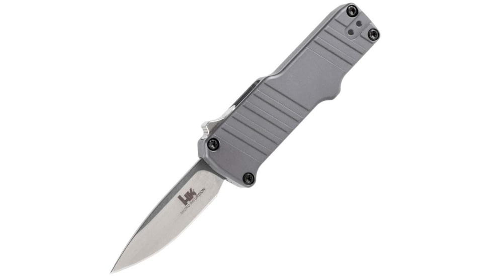 Hogue HK Micro Incursion Automatic Folding Knife, 1.95in, 154CM Stainless Steel, Out the Front Automatic Clip Point Blade, Tumbled Finish, Matte Grey, 54032-EXLKRL