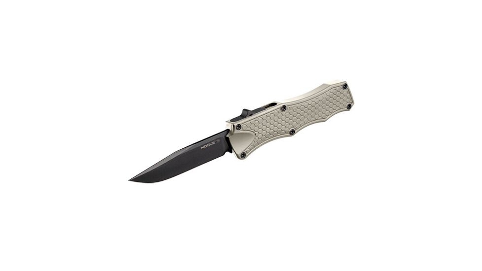 Out The Front 3.5" Automatic Clip Point Blade Black Finish Aluminum Frame - Matte Desert Sand