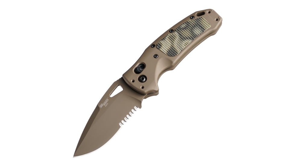 Hogue SIG K320 AXG Scorpion Folding Knife, 3.5in, FDE Cerekote, CPM-S30V, Drop Point, FDE Handle, 6061-T6 Hard-Anodized Aluminum Handle, 36378