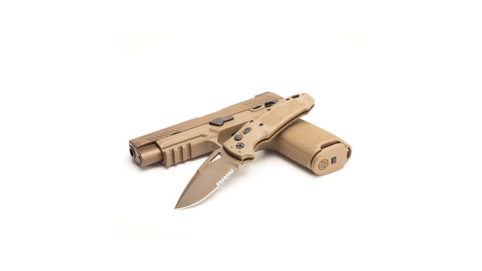 Hogue Sig K320A Automatic Folding Knife, 3.5in, CPM S30V Stainless, Drop Point Blade Partially Serrated, Coyote PVD, Coyote Tan Polymer Handle, 36333