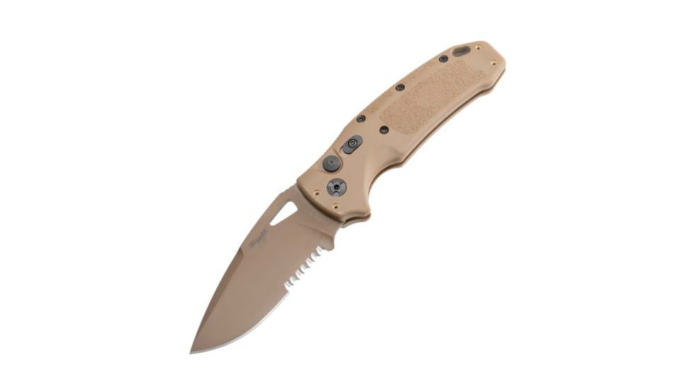 Hogue Sig K320A Automatic Folding Knife, 3.5in, CPM S30V Stainless, Drop Point Blade Partially Serrated, Coyote PVD, Coyote Tan Polymer Handle, 36333
