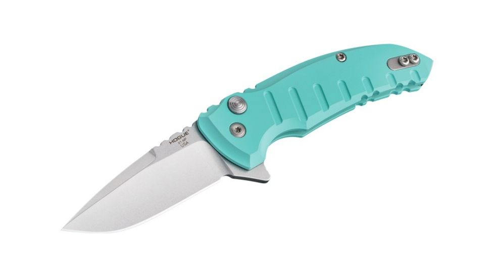 Hogue X1-Microflip Folding Knife, 2.75in Drop Point Blade, Tumble Finish Alum Frame, Matte Aqua Blue, 24173