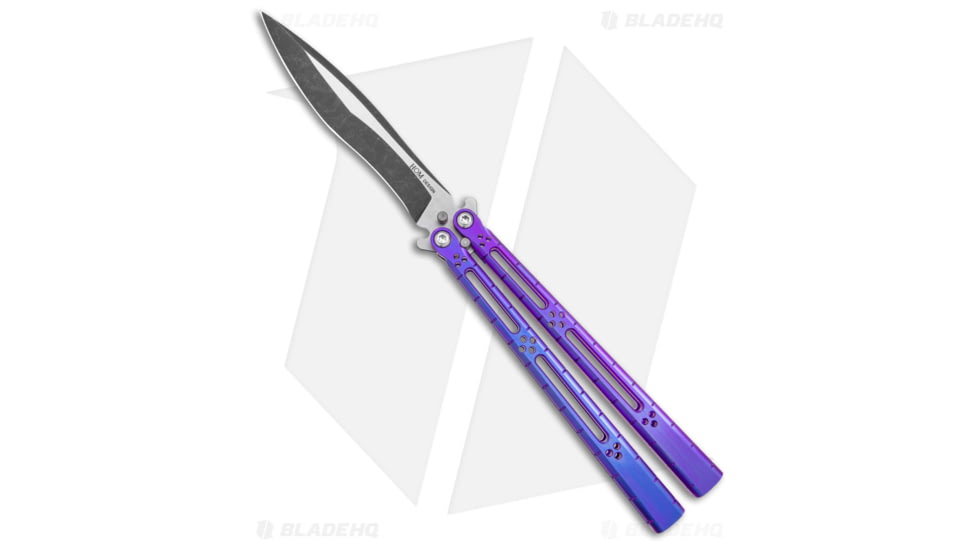 Hom Design I-Basilisk Channel Butterfly Folding Knife, 4.50in, CPM S35VN, Drop Point Blade, Titanium, Purple Handle, Acid Wash, Purple/Gray, 9.875 inch, BHQ-165017