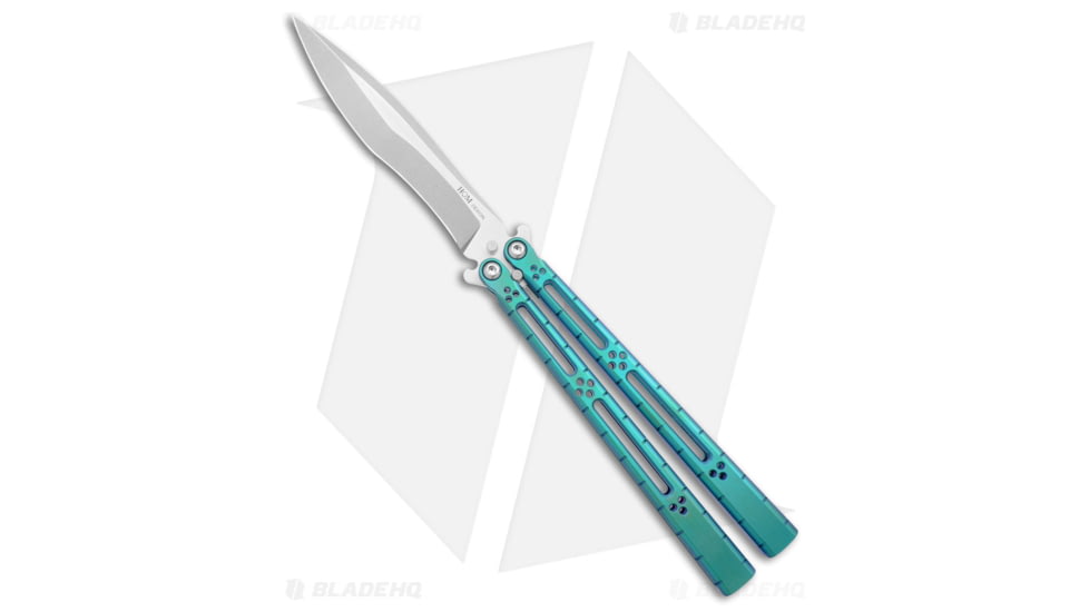 Hom Design I-Basilisk Channel Butterfly Folding Knife, 4.50in, CPM S35VN, Drop Point Blade, Titanium, Teal Handle, Teal/Gray, 9.875 inch, BHQ-175603