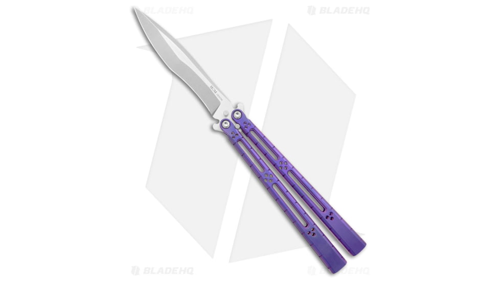 Hom Design I-Basilisk Channel Butterfly Folding Knife, 4.50in, CPM S35VN, Drop Point Blade, Titanium, Purple Handle, Stonewash, Purple/Gray, 9.875 inch, BHQ-175605