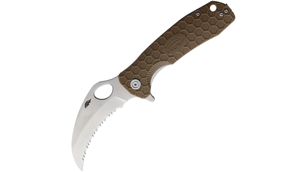Honey Badger Knives Claw Linerlock Folding Knife, 3.38 satin finish serrated 8Cr13MoV stainless bla, Tan textured GRN handle, HB1112