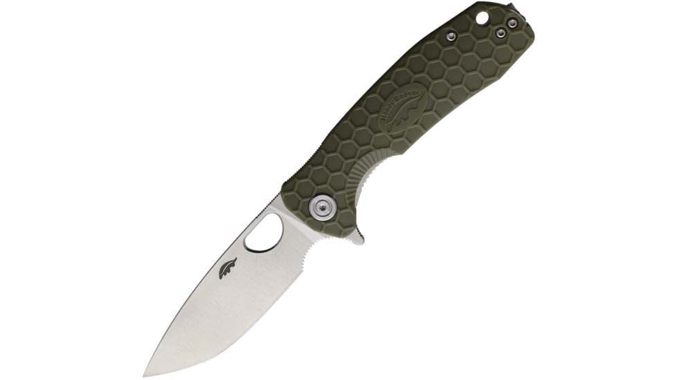 Honey Badger Knives Medium Linerlock Folding Knife, 3.13 satin finish 8Cr13MoV stainless drop point b, Green textured GRN handle, HB1013