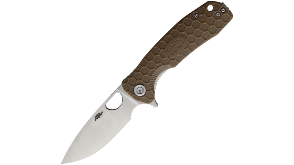 Honey Badger Knives Medium Linerlock Folding Knife, 3.13 satin finish 8Cr13MoV stainless drop point b, Tan textured GRN handle, HB1012
