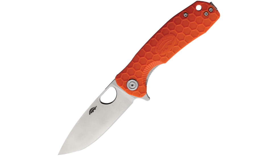 Honey Badger Knives Medium Linerlock Folding Knife, 3.13 satin finish D2 tool steel drop point blade, Orange textured GRN handle, HB1060